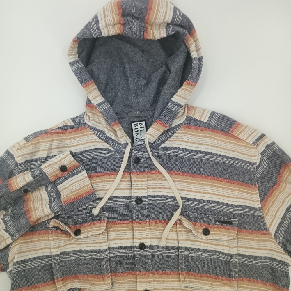 Billabong Mens Hooded Button Down Shirt Large Blue Orange Striped Cotton Hoodie